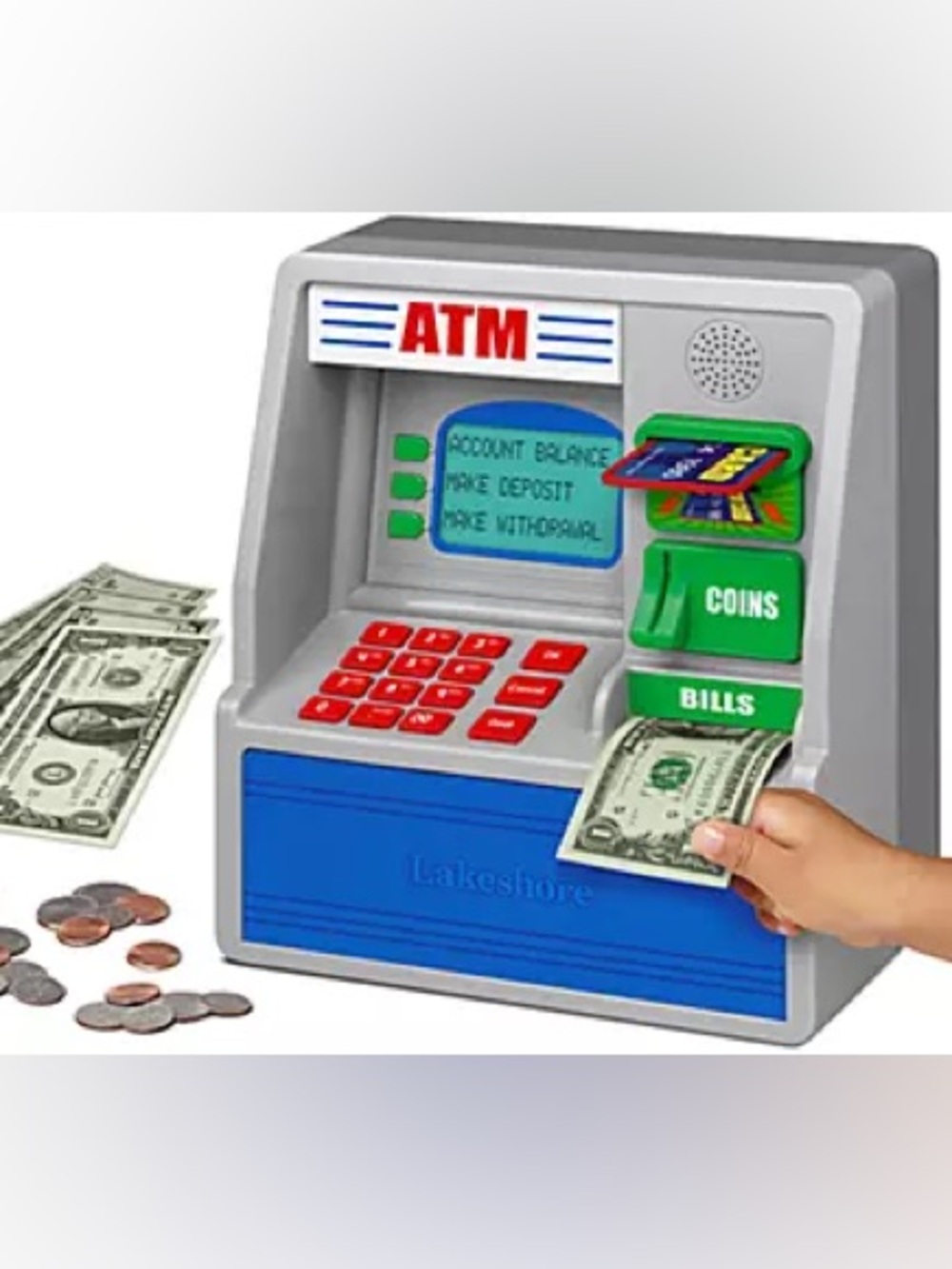 Kids Play ATM Toy - Blue and Gray Role Play Bank